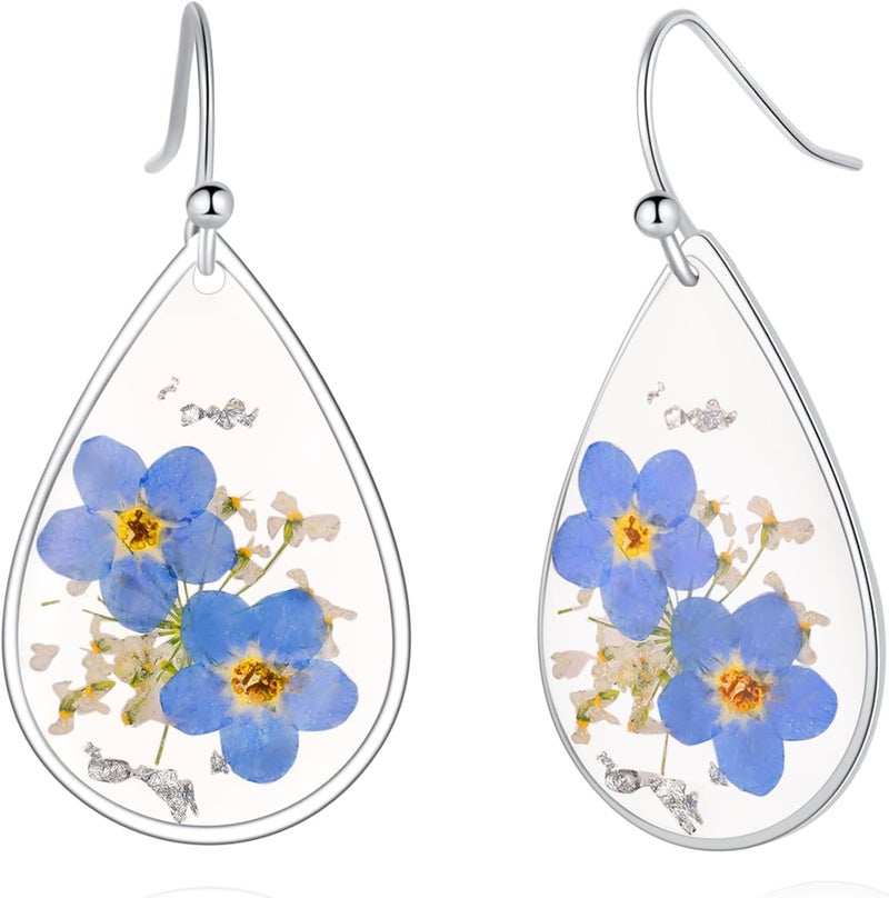 AUNTESIGN Store Forget-Me-Not and Queen Anne's Lace Pressed Wildflower Earrings | Pressed Flower Earrings | Handmade Drop and Dangle Earrings | Gift for Woman - Image 1